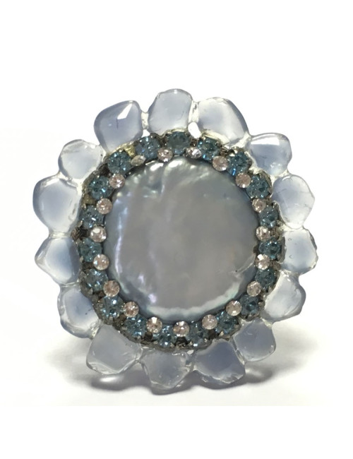 Ring flower CHANEL high resin and blue rhinestones sewing