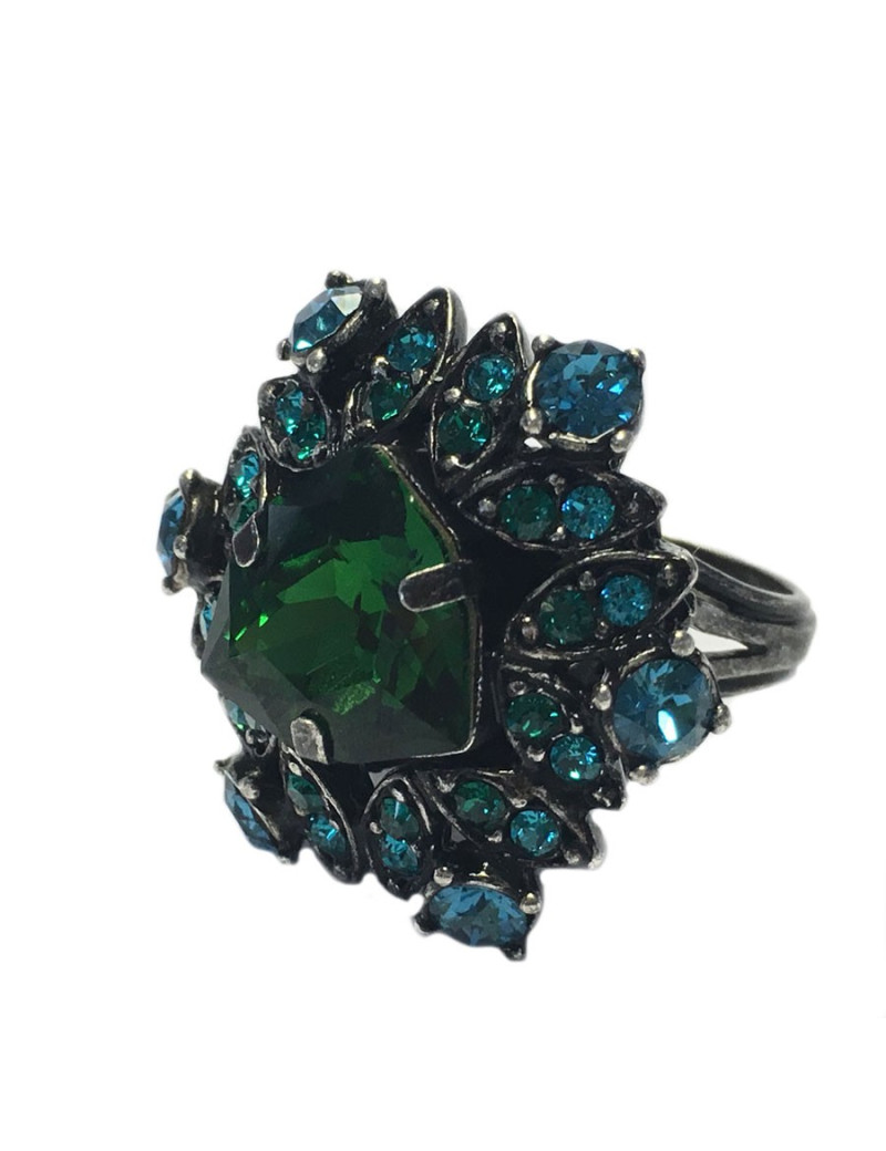 Bague LANVIN T 55 en métal argenté et strass bleu et vert