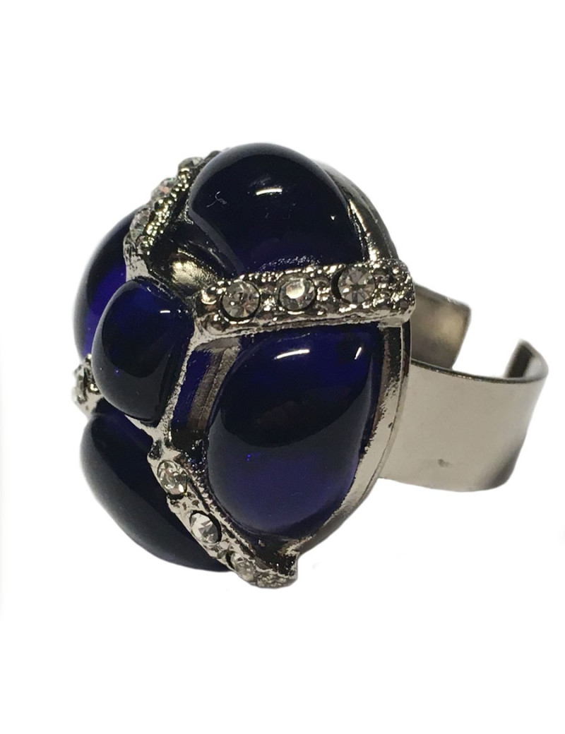 Bague CHANEL haute couture en strass blanc et pierre bleue nuit