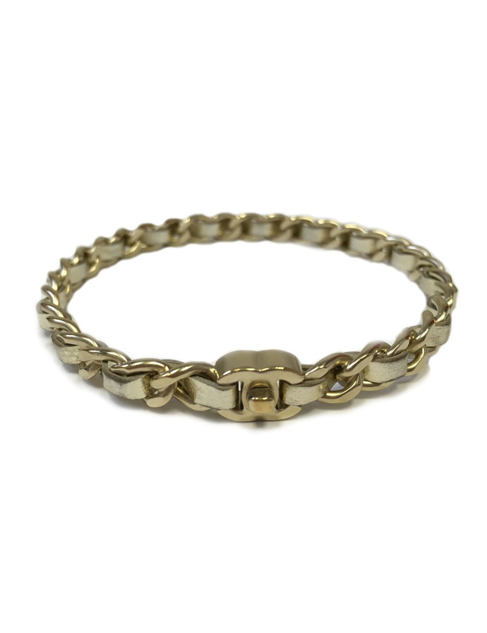 Bracelet CHANEL en métal doré entrelacé de cuir