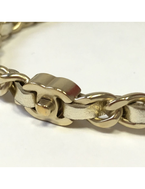 CHANEL bracelet leather interlaced gold metal