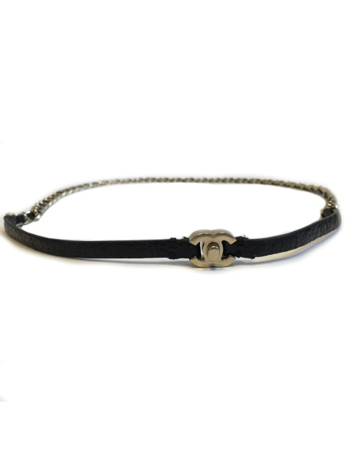 Ceinture CHANEL chaîne et cuir noir entrelacé