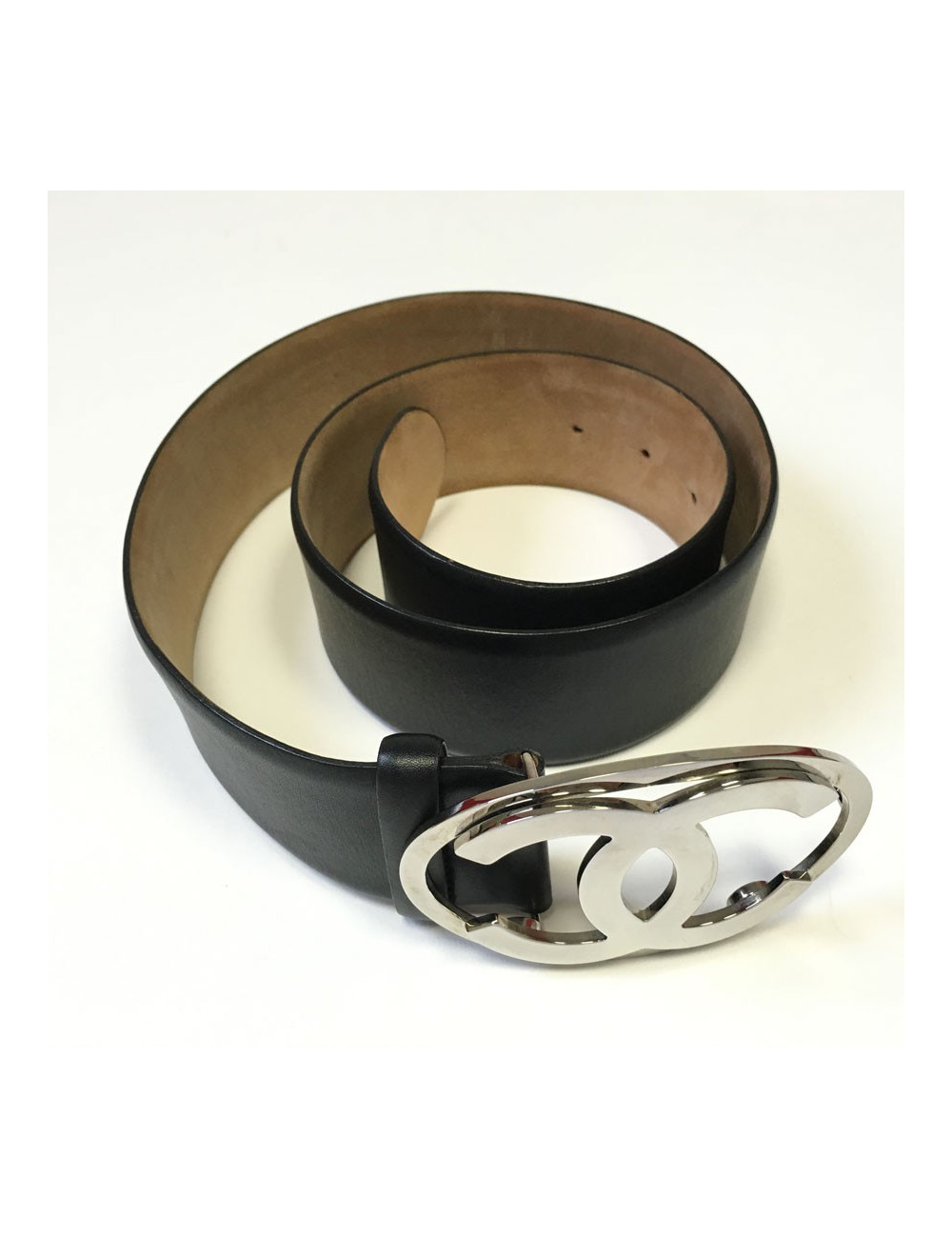 CHANEL black leather belt and buckle CC