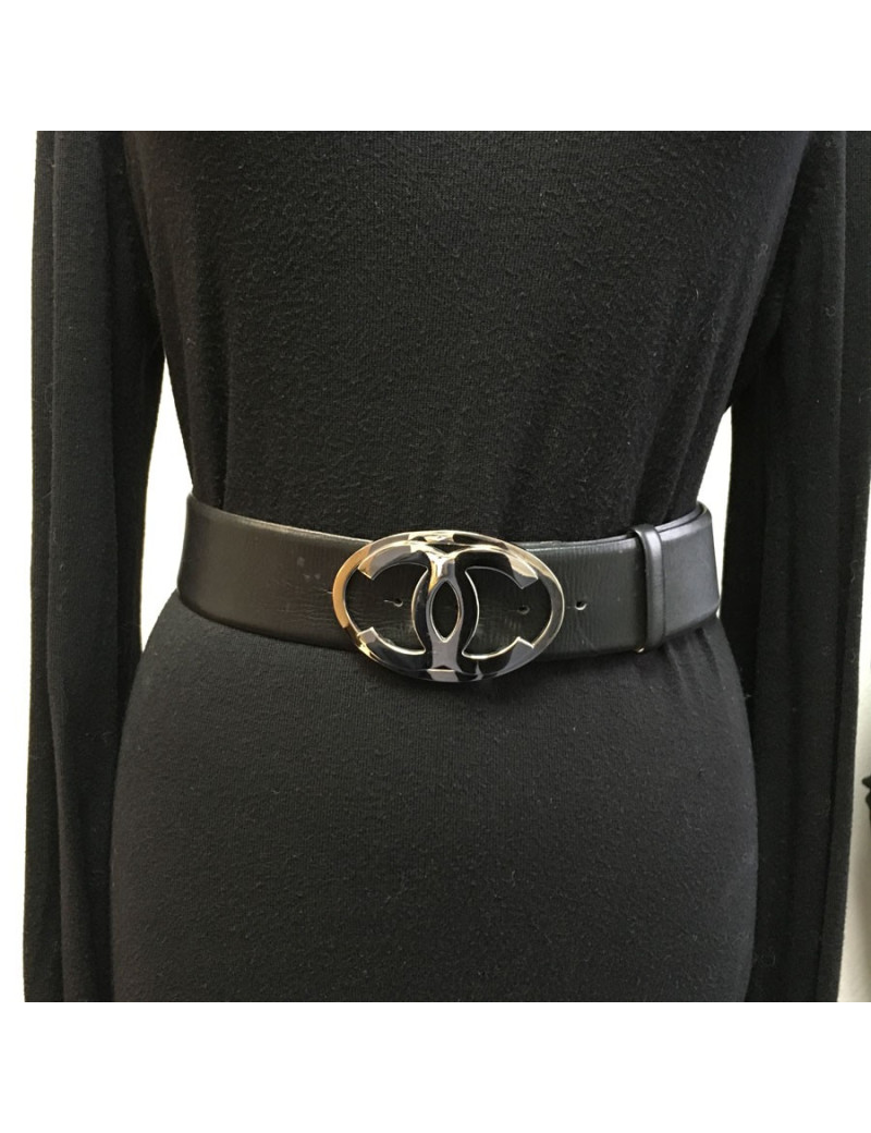 CHANEL black leather belt and buckle CC