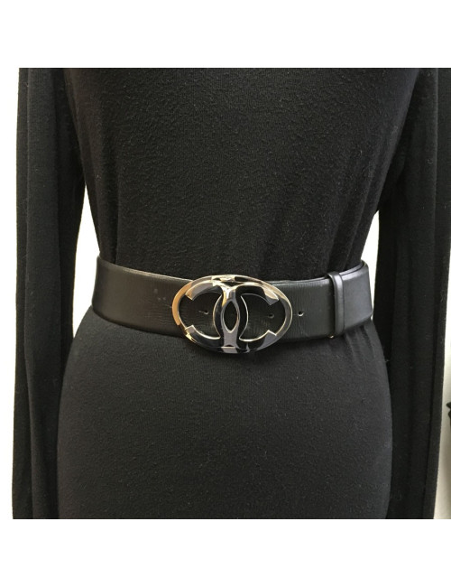 CHANEL black leather belt and buckle CC
