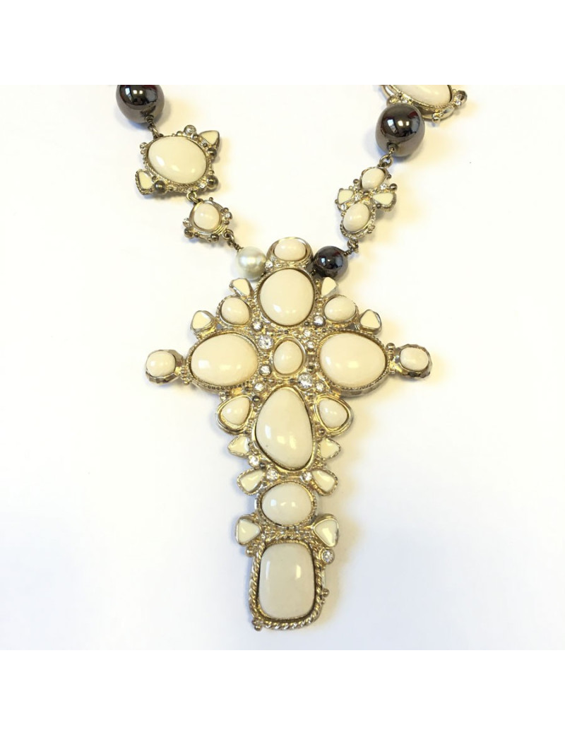 CHANEL ivory enamelled cross necklace, rhinestones and pearls, pearly and gray metallic