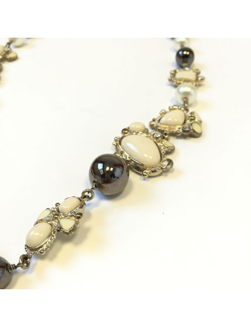 CHANEL ivory enamelled cross necklace, rhinestones and pearls, pearly and gray metallic