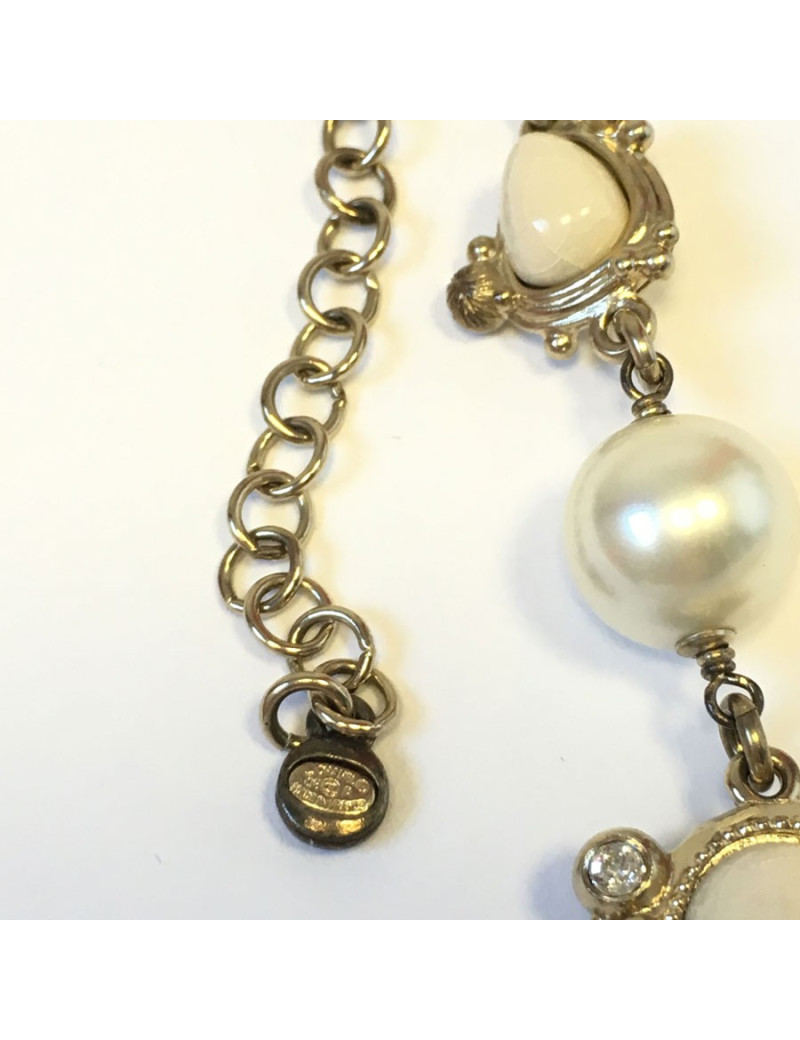 CHANEL ivory enamelled cross necklace, rhinestones and pearls, pearly and gray metallic