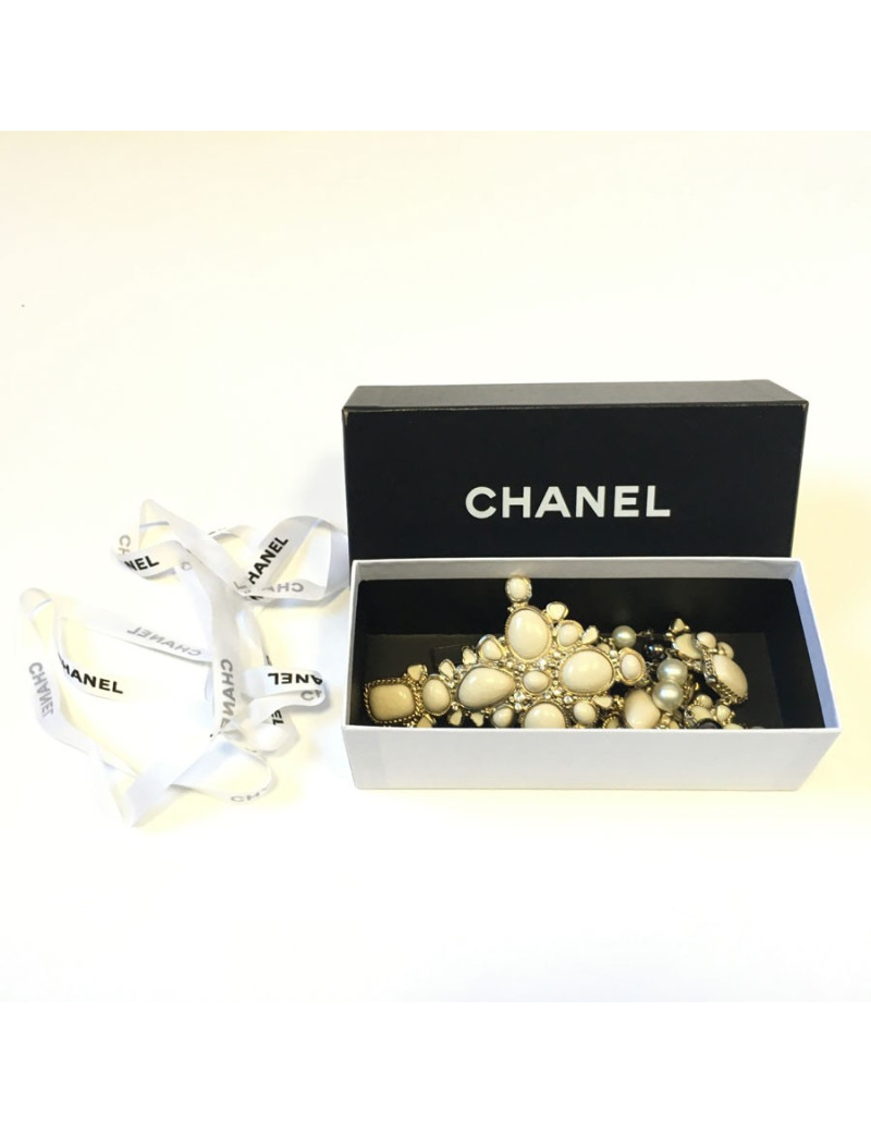 CHANEL ivory enamelled cross necklace, rhinestones and pearls, pearly and gray metallic
