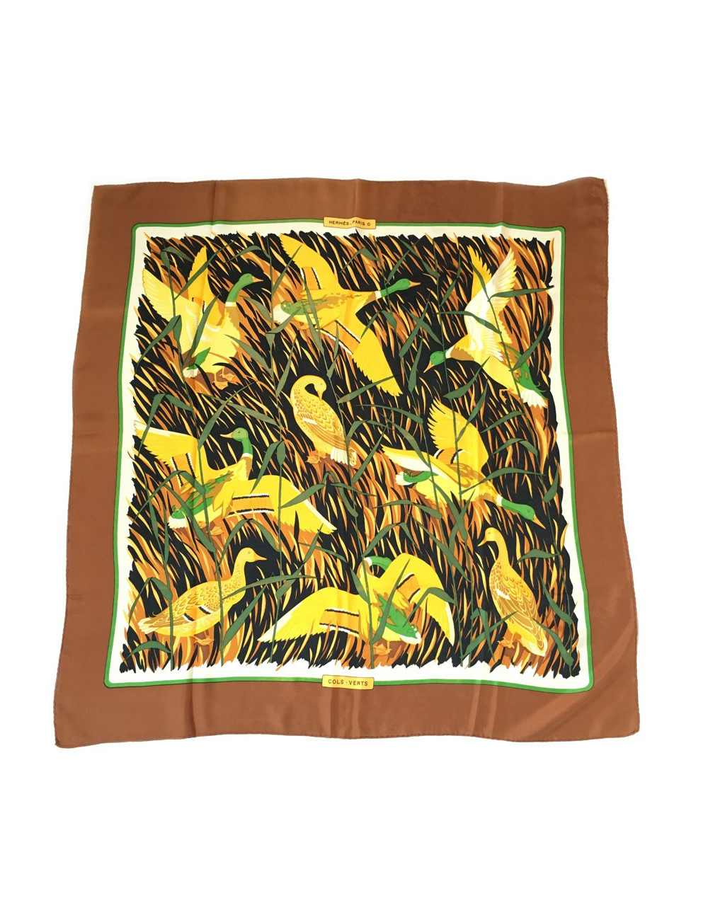 Carré HERMES "Cols Verts" en soie marron