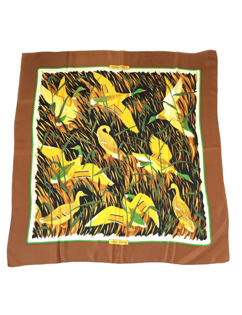 Carré HERMES "Cols Verts" en soie marron