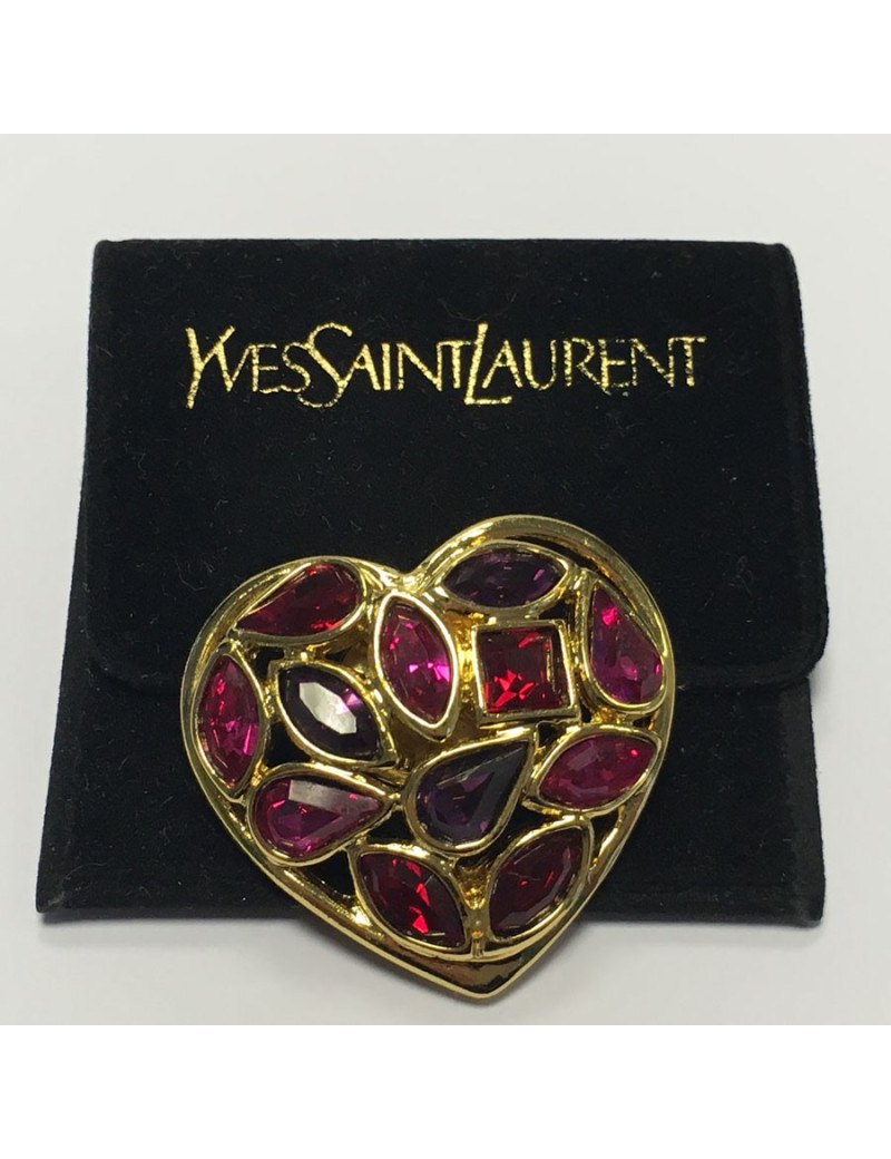 YVES SAINT LAURENT heart pin in giled metal and corlored small resin