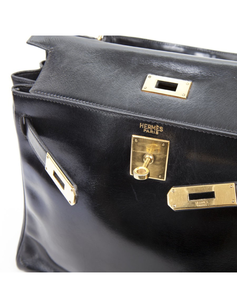 Sac kelly 28 HERMES cuir box noir Vintage