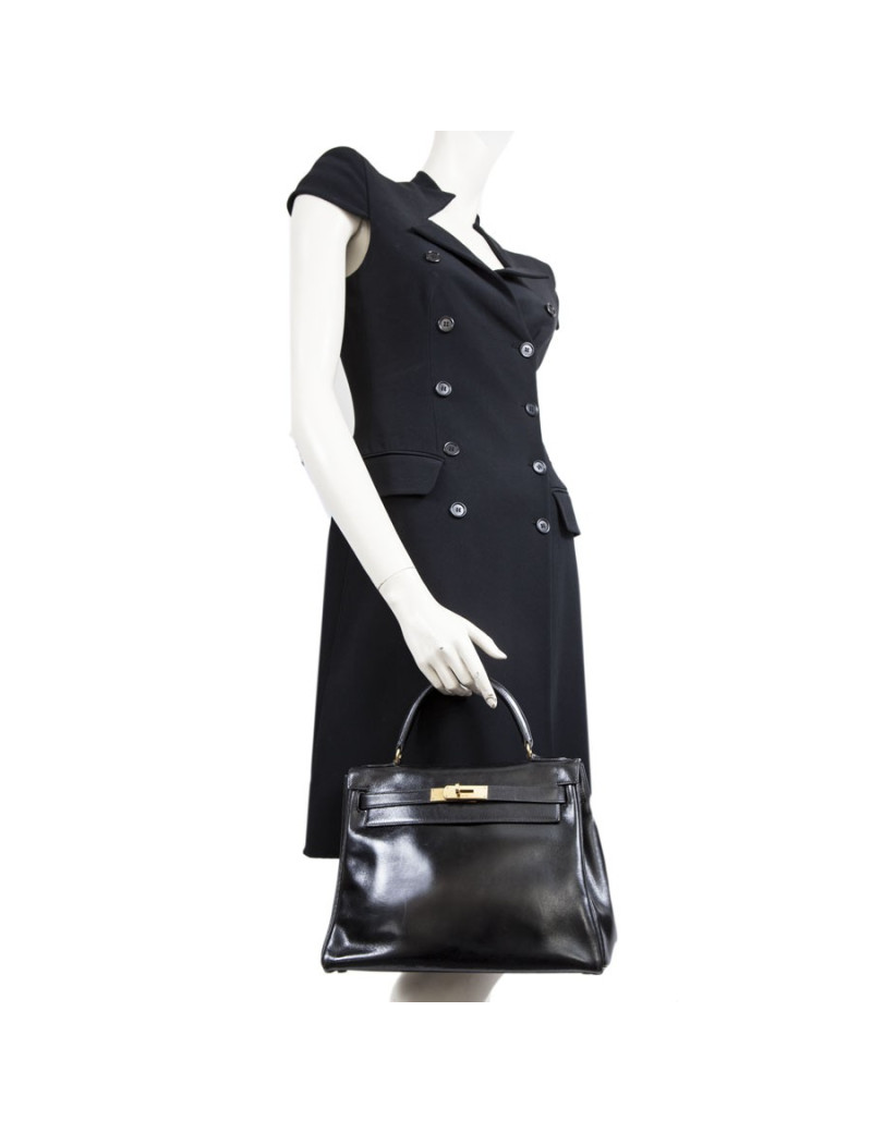 Sac kelly 28 HERMES cuir box noir Vintage