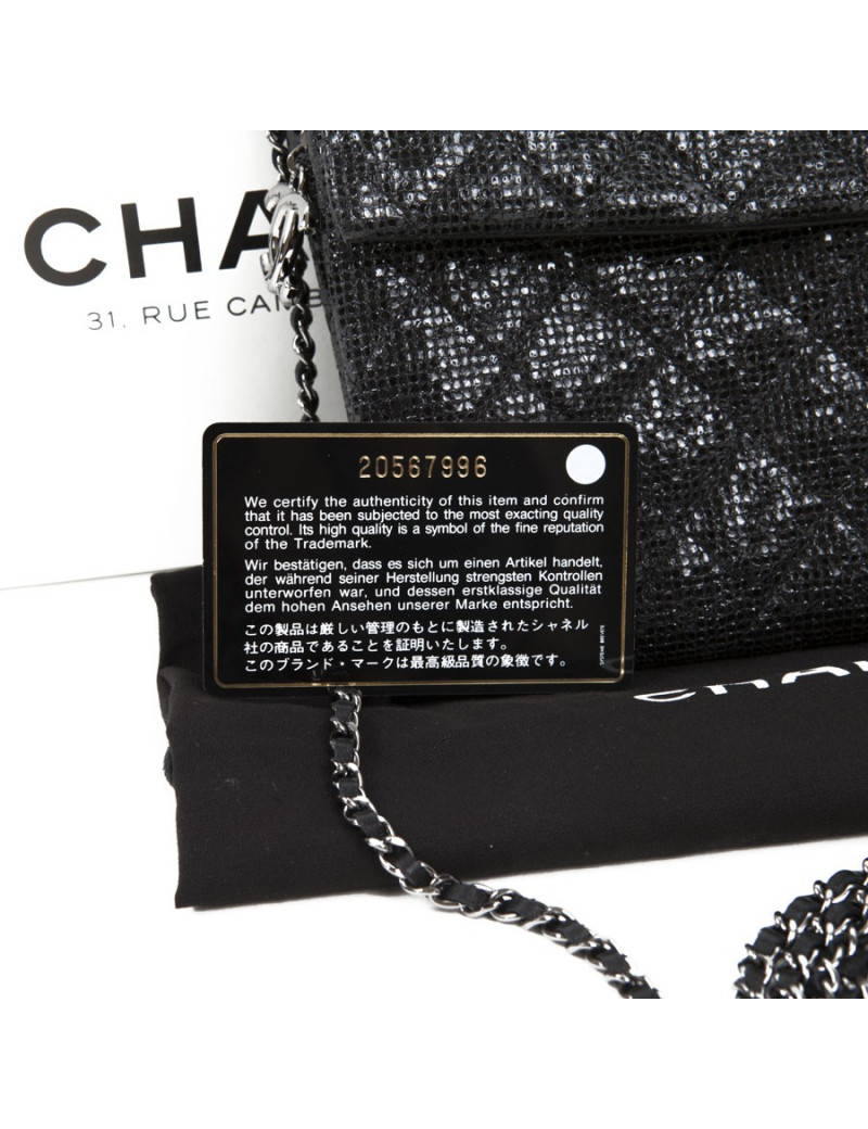 CHANEL quilted shiny black leather pouch