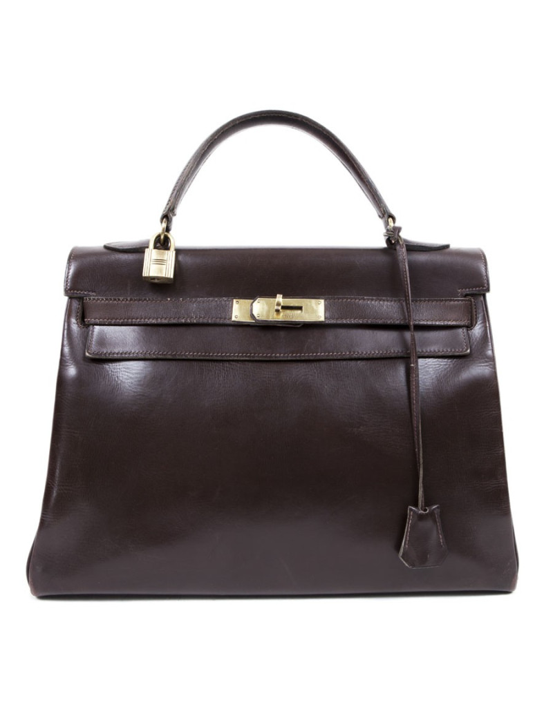 Sac Kelly 32 HERMES cuir box marron Vintage