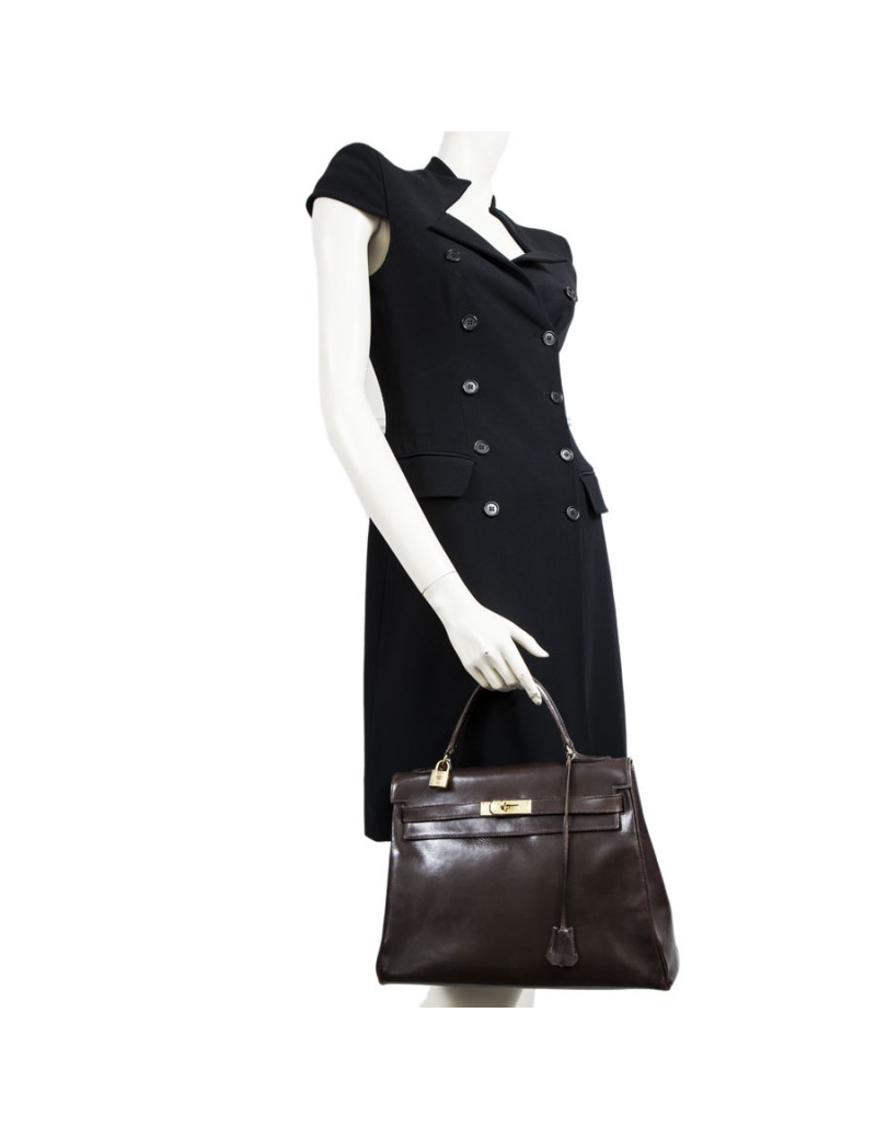 Sac Kelly 32 HERMES cuir box marron Vintage