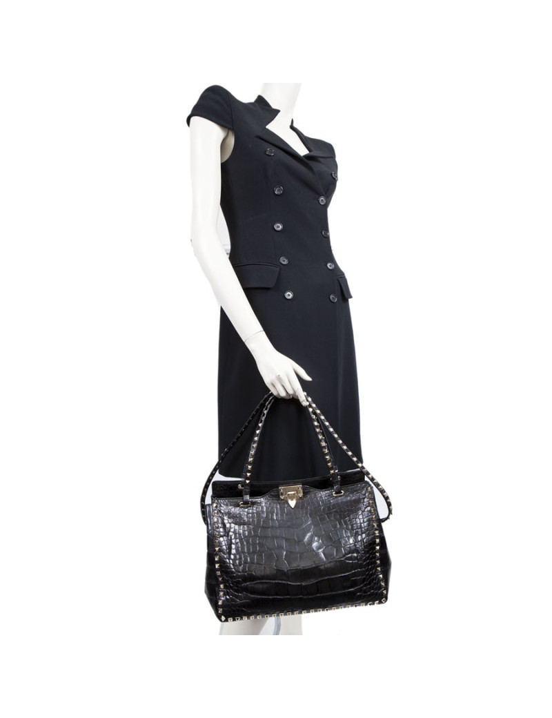 Sac VALENTINO GARAVANI trapèze rockstud crocodile noir
