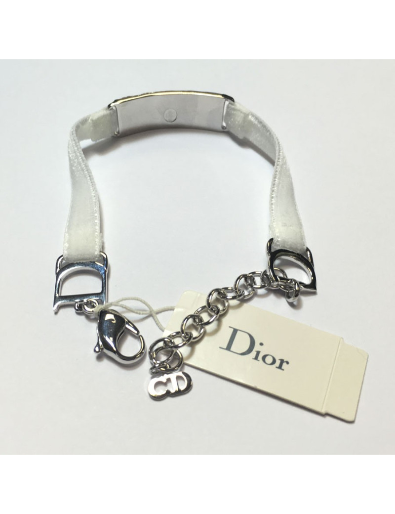 DIOR silver metal and white velvet Ribbon Bracelet