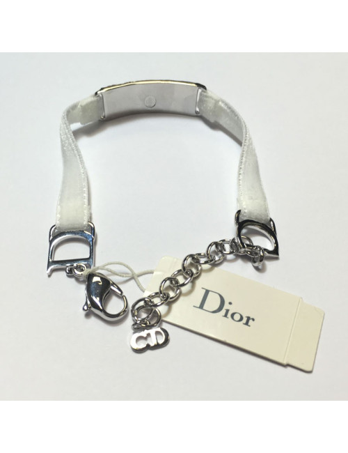 DIOR silver metal and white velvet Ribbon Bracelet