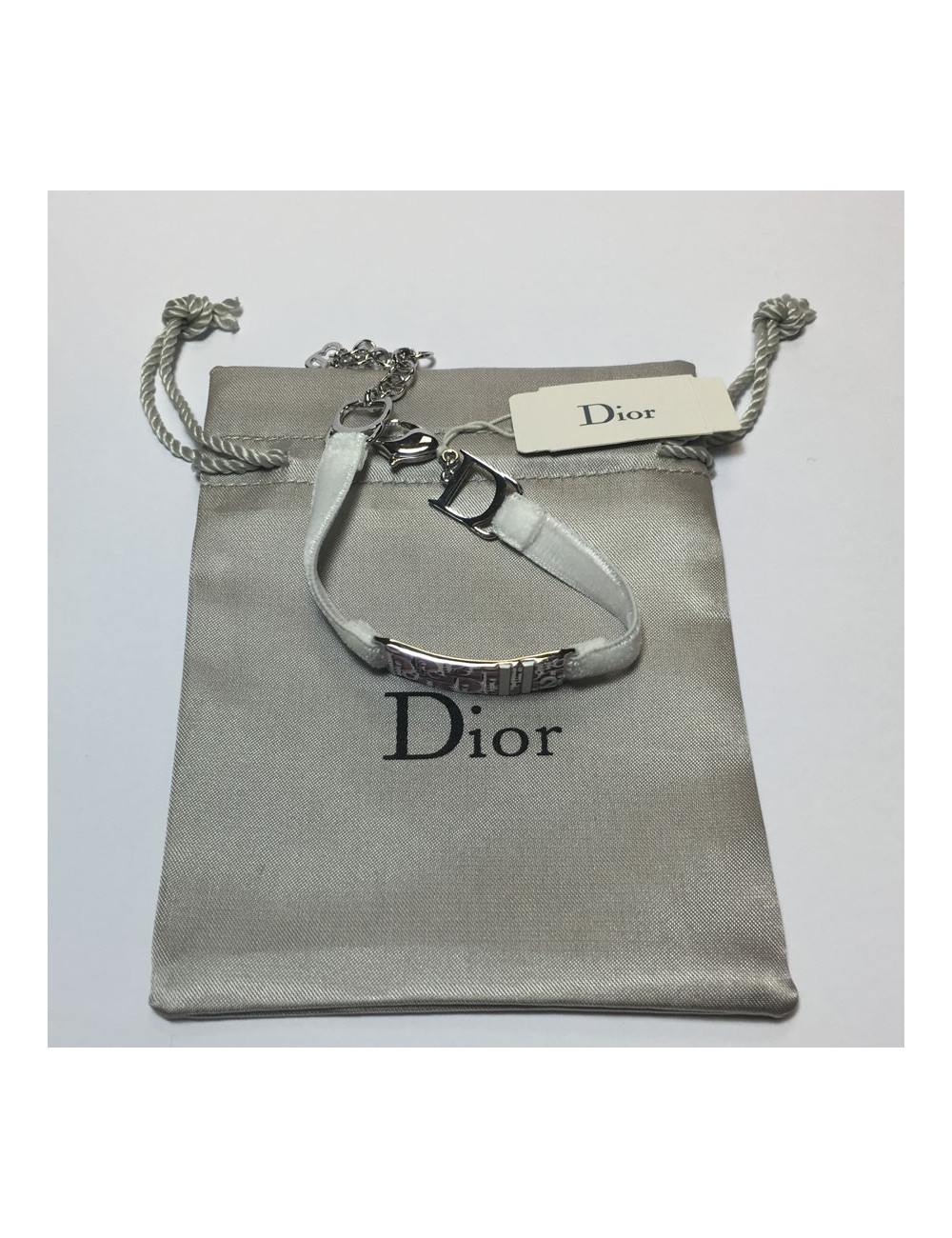 DIOR silver metal and white velvet Ribbon Bracelet