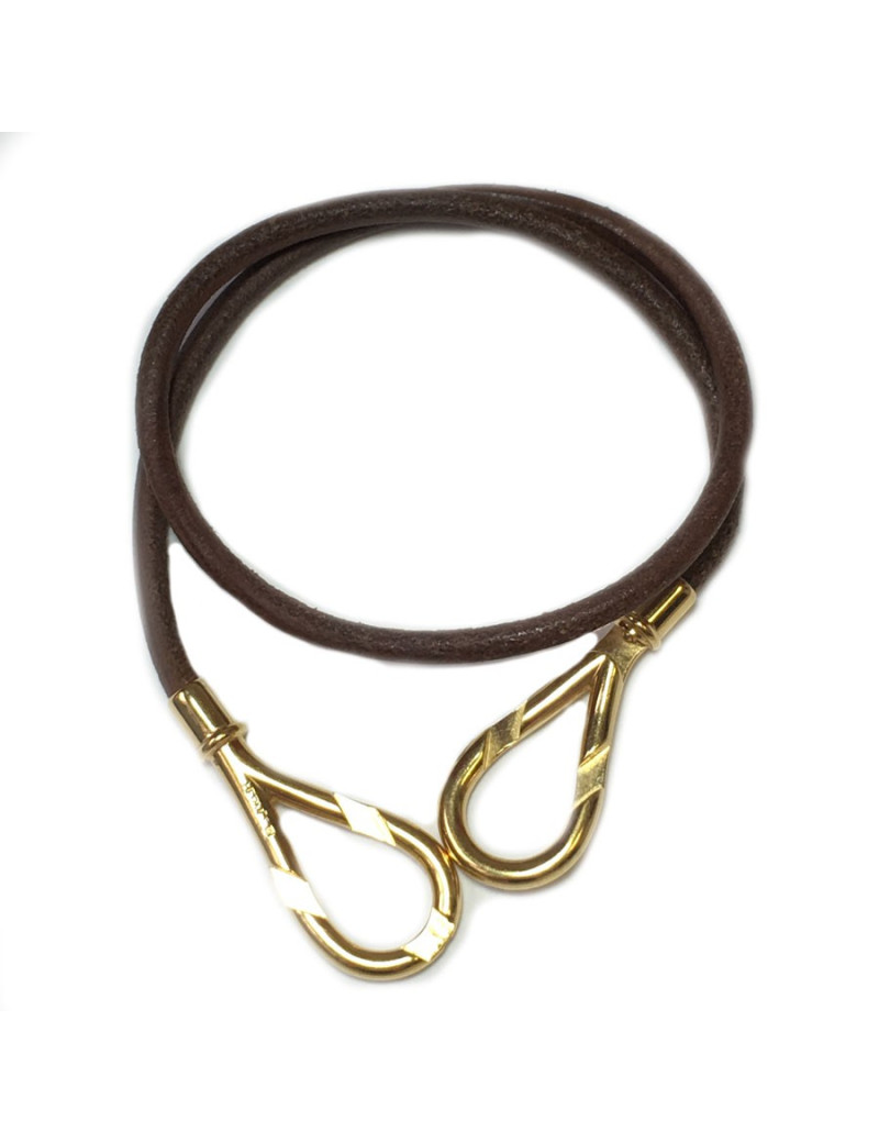 HERMES Leather Brown and gold plated necklace