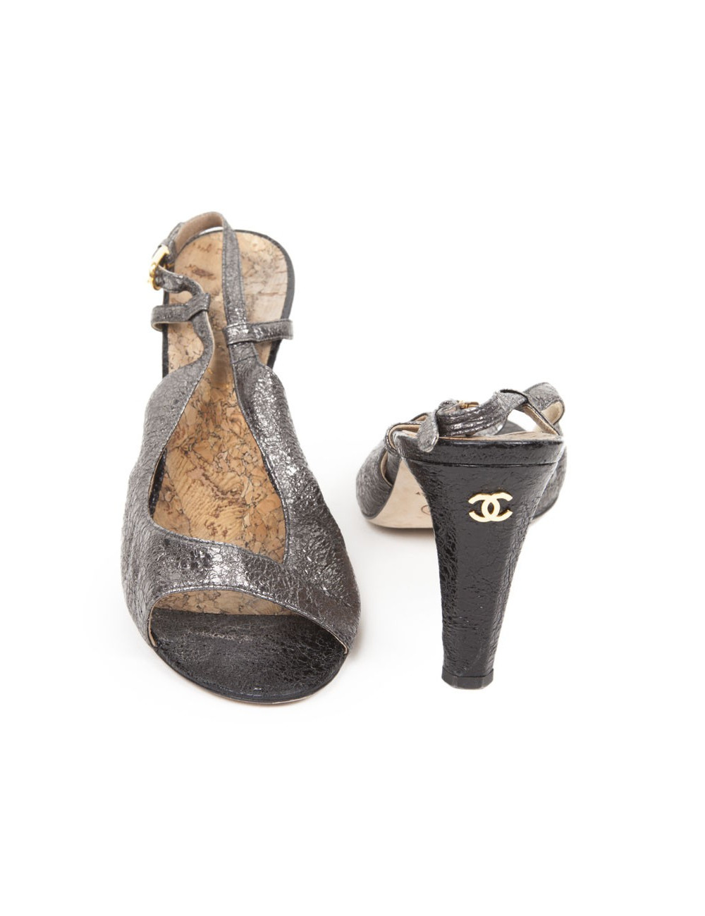 Sandales CHANEL T39 cuir vieilli brillant noir 