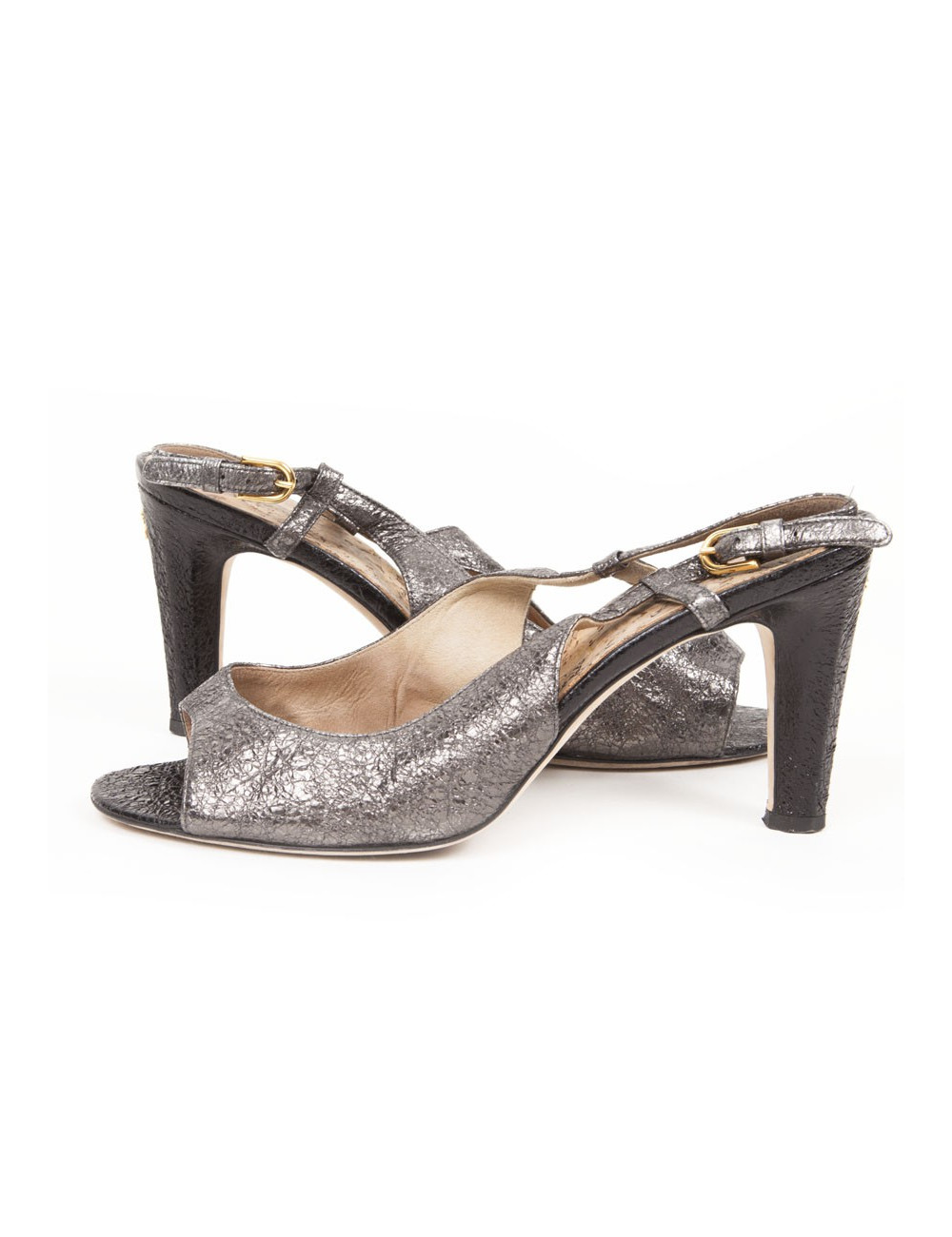 Sandales CHANEL T39 cuir vieilli brillant noir 