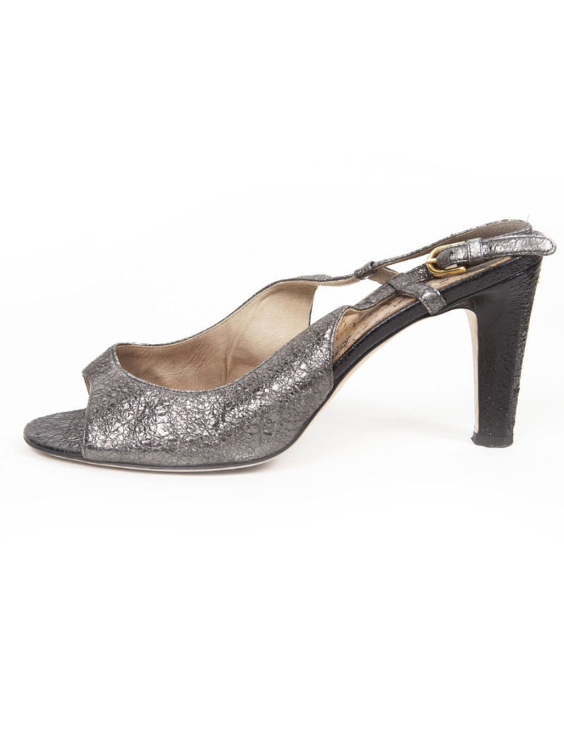 Sandales CHANEL T39 cuir vieilli brillant noir 