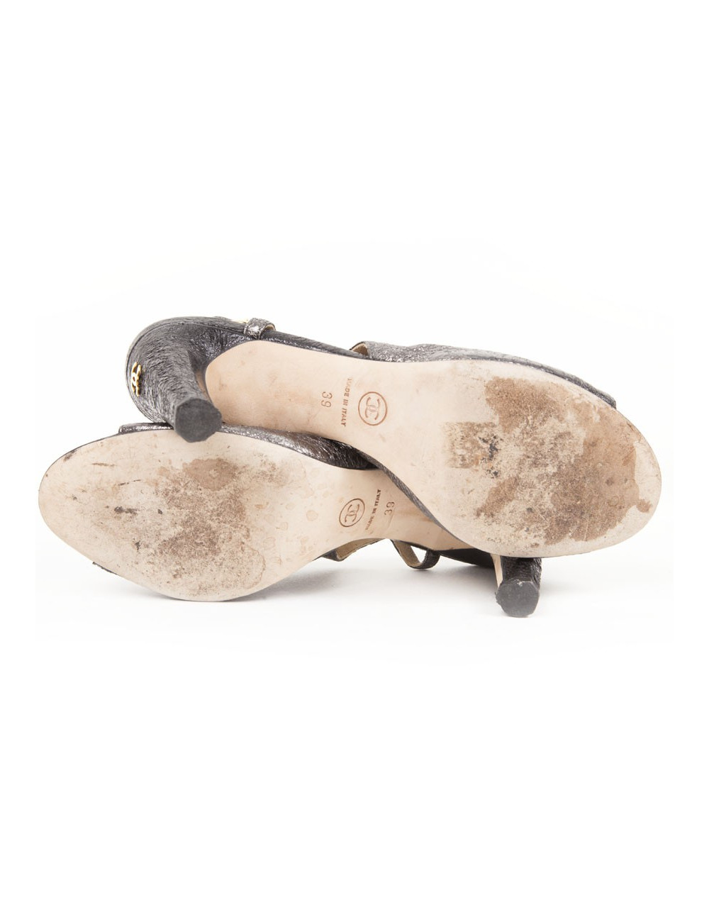 Sandales CHANEL T39 cuir vieilli brillant noir 