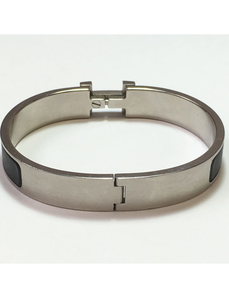 Bracelet clic H HERMES en émail noir mat et palladié mat brossé