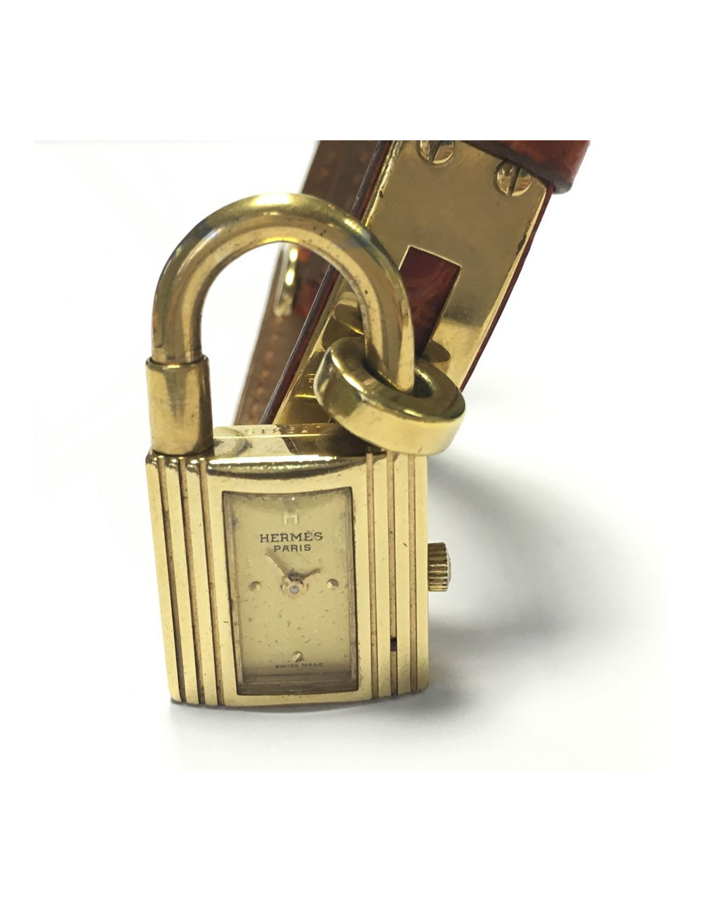 Montre HERMES Kelly pm en cuir crocodile orange et bijouterie dorée