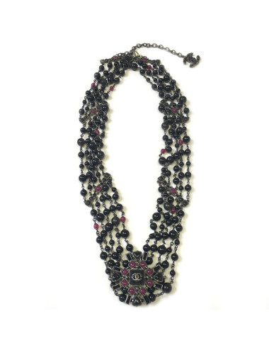 Ceinture CHANEL 5 rangs de perles noires et chaîne argentée