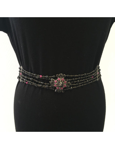 XXX Ceinture CHANEL 5 rangs de perles noires et chaîne argentée 2