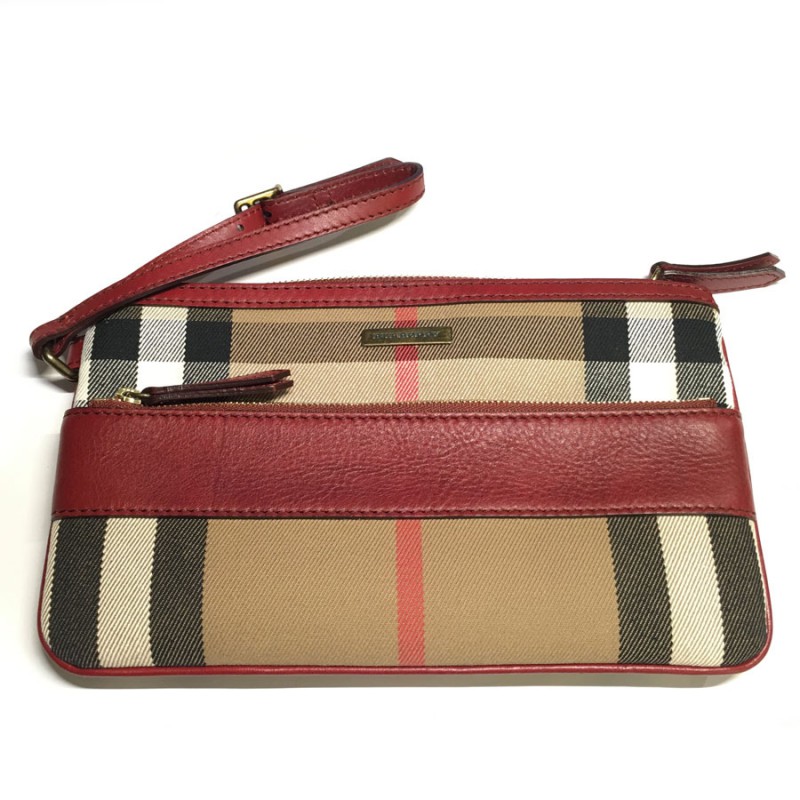 BURBERRY Haymarket Check wallet in canvas and Burgundy leather - VALOIS  VINTAGE PARIS