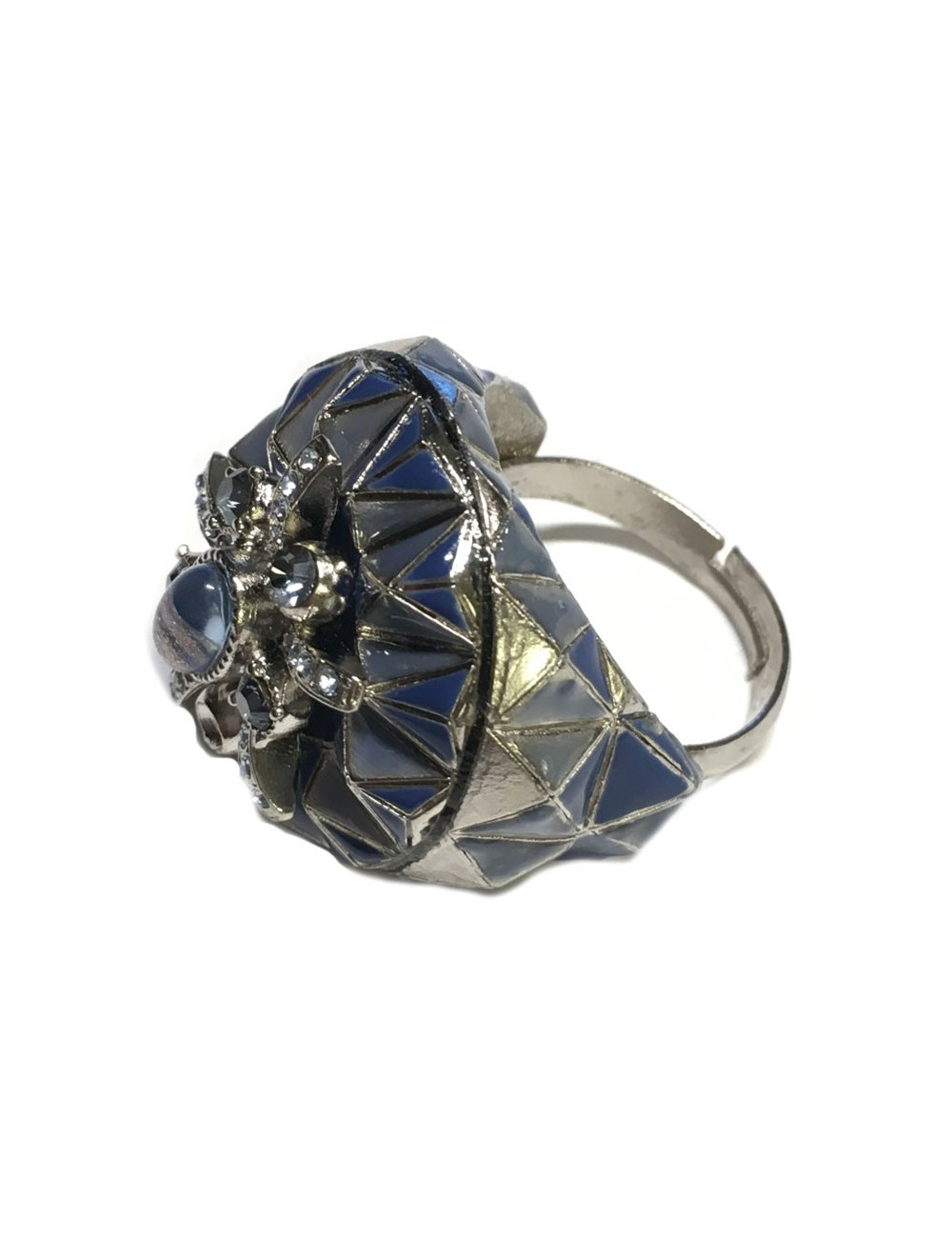 Bague CHANEL haute couture T argentée, strass et pierre transparente en résine pailletée