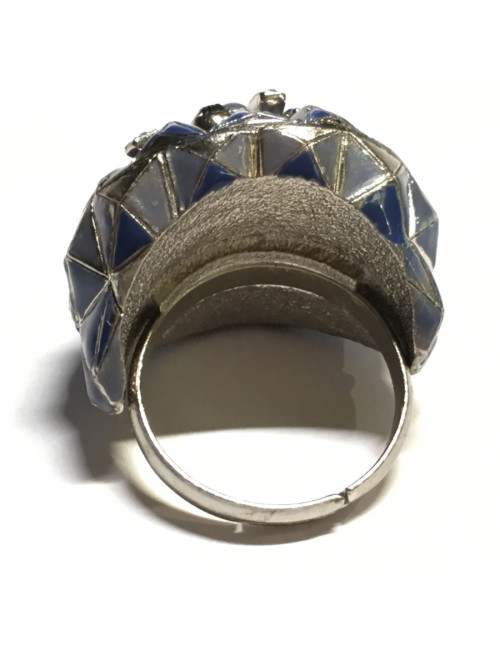 Bague CHANEL haute couture T argentée, strass et pierre transparente en résine pailletée