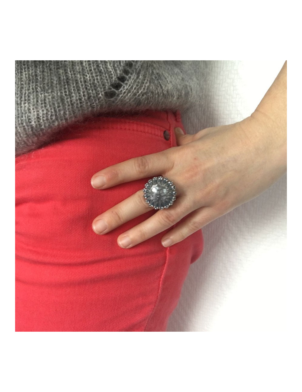 Ring CHANEL couture T51 silver, rhinestone and blue resin