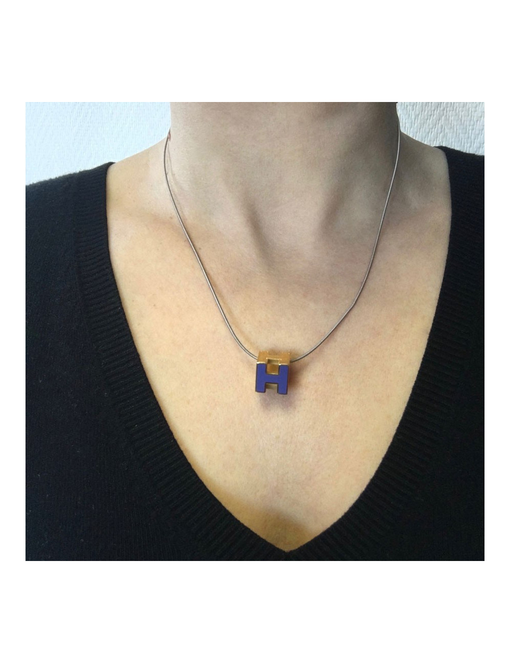 HERMES enamel purple metal cage necklace gold