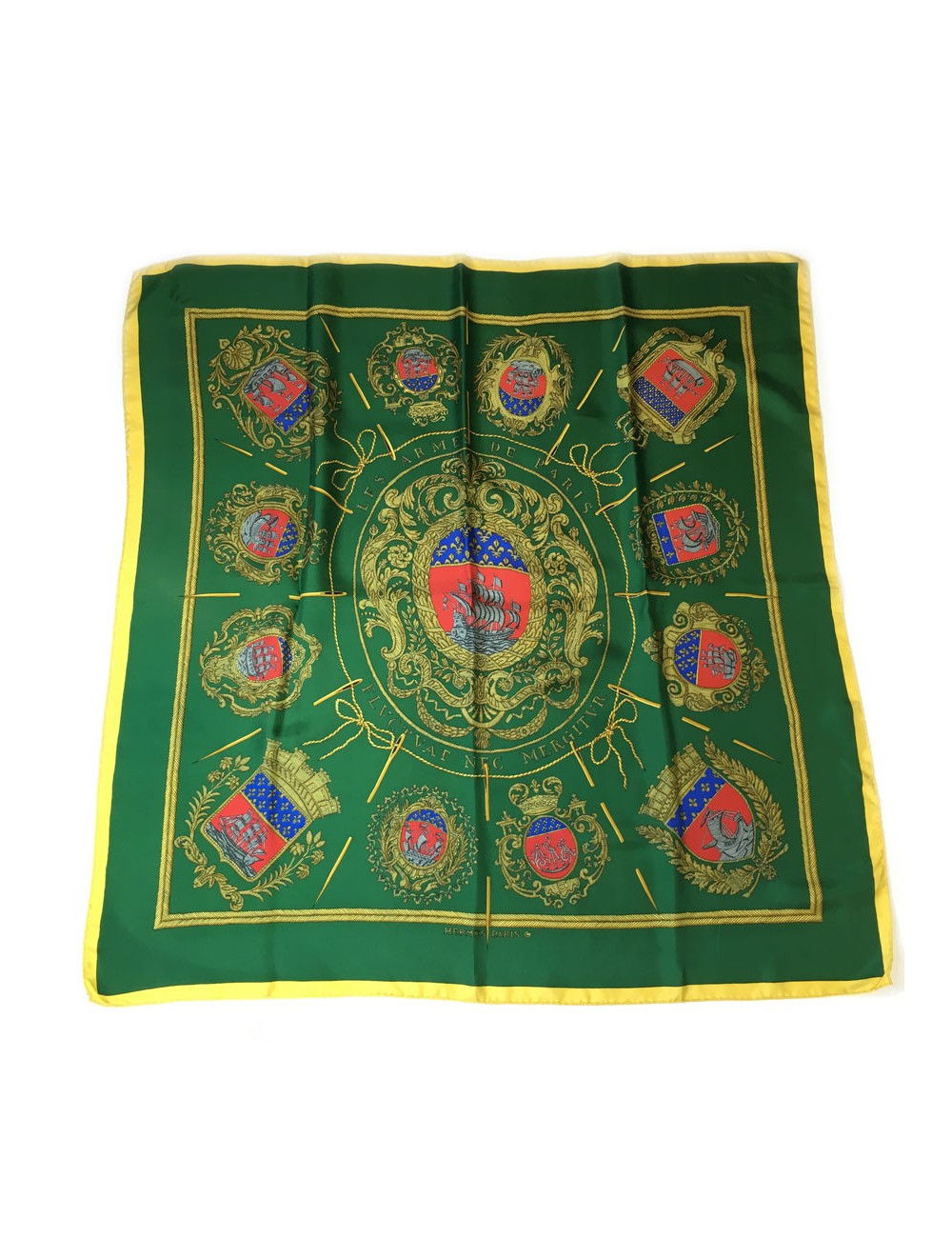 Square HERMES 'Arms of Paris' green silk