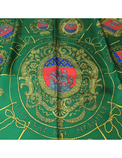Square HERMES 'Arms of Paris' green silk