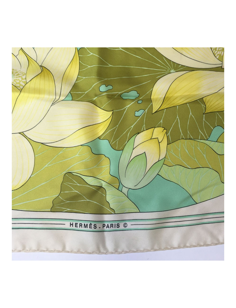 Square "Lotus flowers" HERMES silk ivory, yellow and green