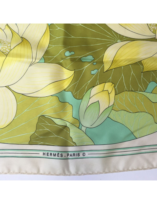 Square "Lotus flowers" HERMES silk ivory, yellow and green