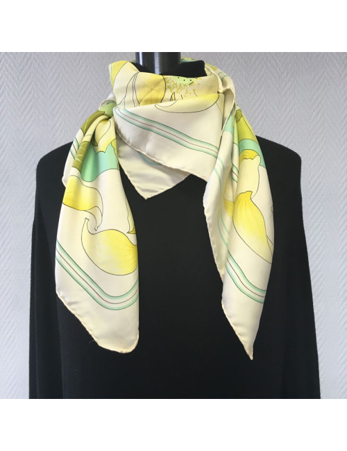 Square "Lotus flowers" HERMES silk ivory, yellow and green