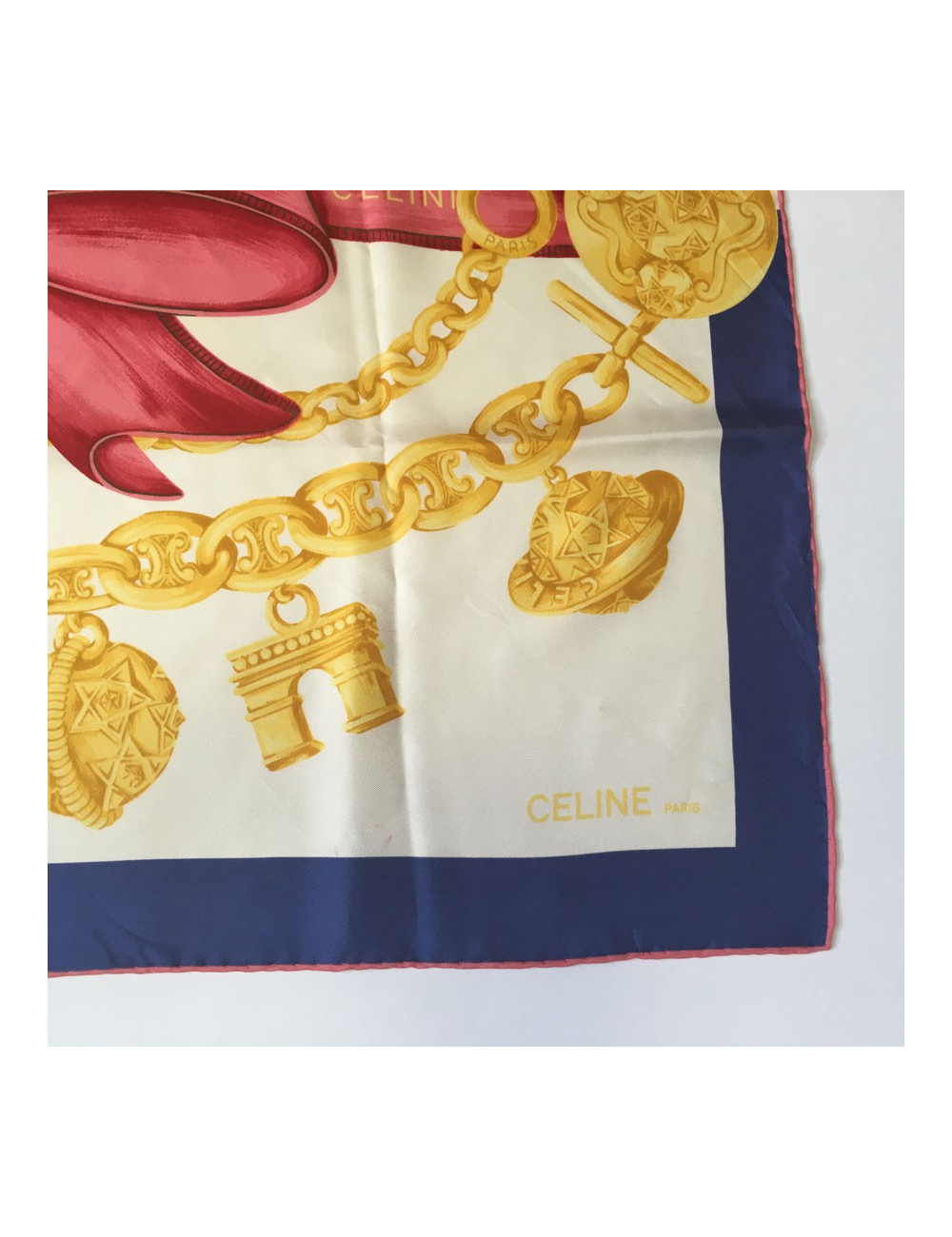 CELINE silk scarf blue, red and ecru