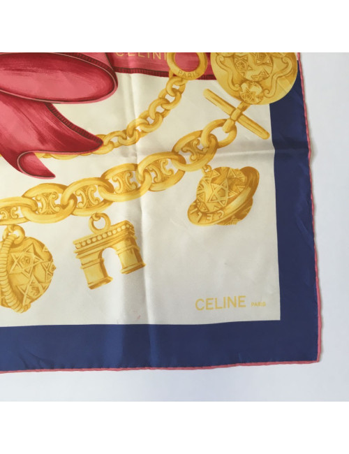 CELINE silk scarf blue, red and ecru