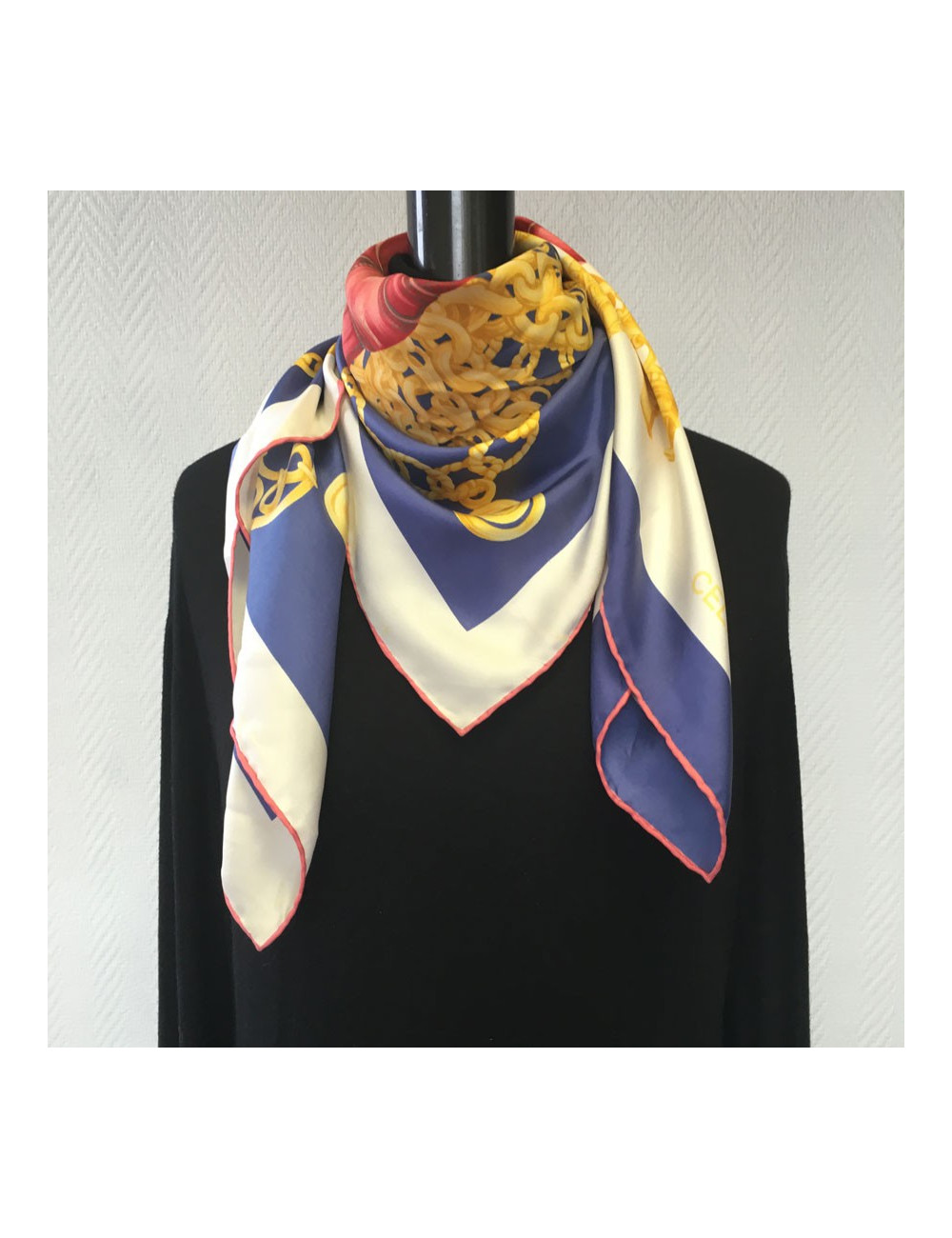 CELINE silk scarf blue, red and ecru