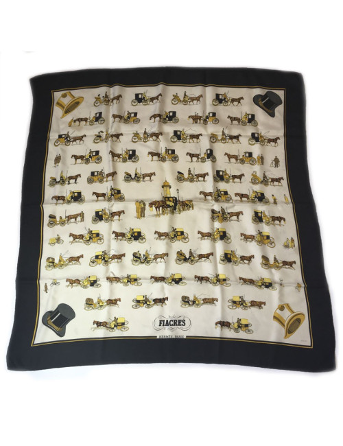 Carré HERMES "Fiacres" en soie ivoire et noir
