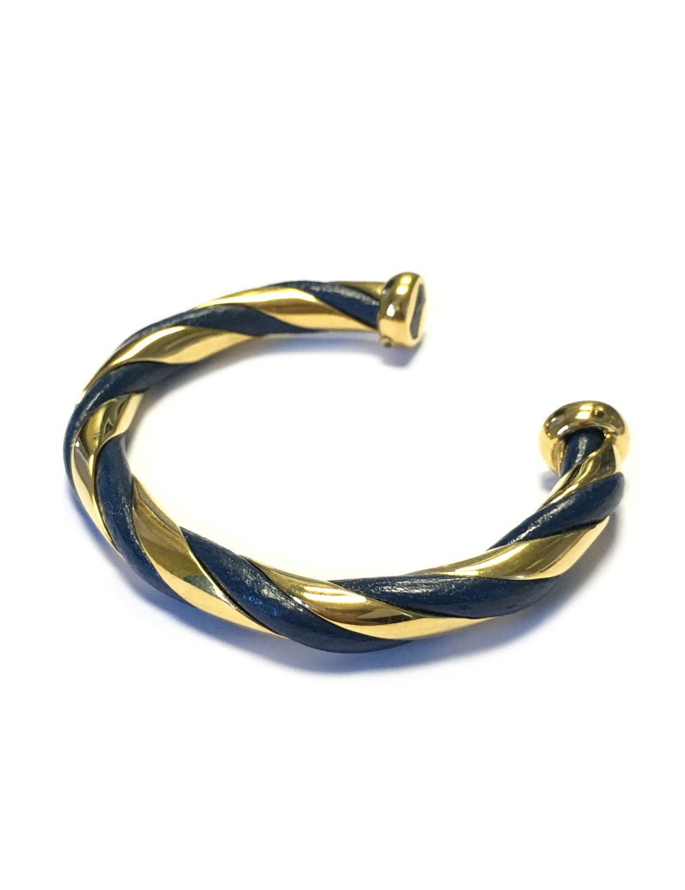 Bracelet torsade HERMES cuir bleu et métal doré