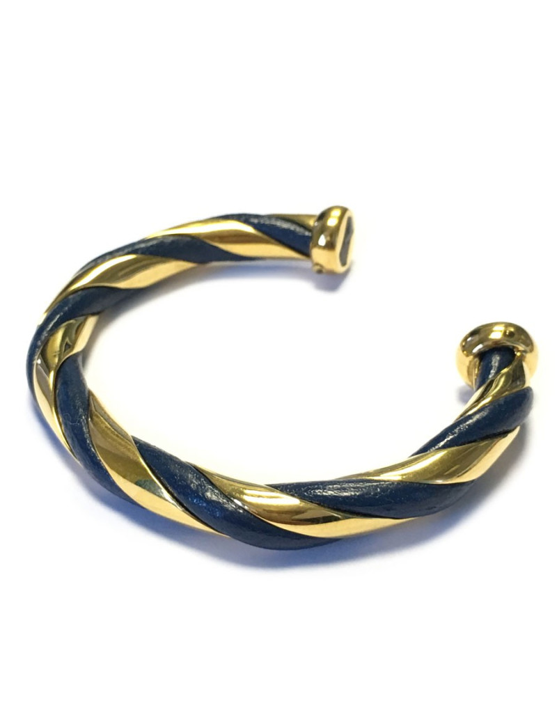 Bracelet torsade HERMES cuir bleu et métal doré